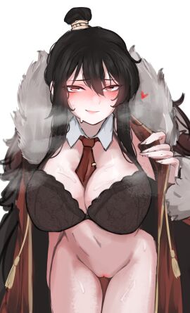 0ha 1girls big_breasts black_hair blush bottomless bra breasts cape embarrassed female heart library_of_ruina long_hair looking_at_viewer open_clothes partially_clothed pov presenting project_moon pussy red_eyes smile solo standing sweat thick_thighs tie xiao_(library_of_ruina)