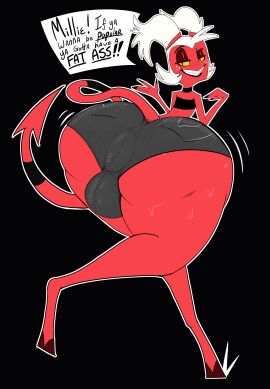 absurd_res anthro anus ass balls big_ass big_ass_(male) big_balls big_butt bodily_fluids bottomwear choker clothed clothing colored_nails cutoffs demon denim denim_bottomwear denim_clothing digital_media_(artwork) eyeshadow femboy flyntdraws_(artist) genitals hair helluva_boss hi_res hooves horn huge_ass huge_butt huge_hips huge_thighs humanoid hyper hyper_ass hyper_butt imp jewelry lips lipstick long_legs looking_back makeup male motion_lines moxxie_(helluva_boss) moxxine_(helluva_boss) nails necklace penis poking_out puffy_anus red_body shorts simple_background smile snarky solo sweat sweatdrop sweaty_ass sweaty_butt tail teeth text thick_thighs through_clothing topwear tube_top walking_away white_hair wide_hips wobble wobbling