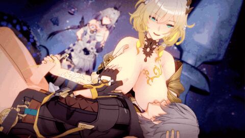 1boy 2girls 3d aglaea_(honkai:_star_rail) animated animated_image bare_shoulders black_gloves blinking blonde_hair body_markings bottomless breast_press breast_sucking breasts breasts_out caelus_(honkai:_star_rail) castorice_(honkai:_star_rail) dress elf exhibitionism eyebrows eyebrows_hidden_by_hair eyelashes female femdom fingerless_gloves flower gloves grabbing_another's_breast gradient_eyes gradient_hair green_eyes grey_hair groping hair_between_eyes hair_flower hair_ornament hand_on_another's_head handjob holding honkai:_star_rail honkai_(series) kneeling koikatsu lap_pillow large_breasts legs licking licking_nipple long_hair long_sleeves looking_at_another looking_down lying male medium_hair multicolored_eyes multicolored_hair multiple_females multiple_girls nail_polish nippes nipple_stimulation nipples nose nursing_handjob off_shoulder on_back open_clothes open_mouth penis penis_grab pointy_ears public_indecency purple_eyes purple_hair shinaosumata short_hair_with_long_locks sidelocks smile smug standing straight string thighhighs thighs trailblazer_(honkai:_star_rail) twintails two-tone_hair very_long_hair watch wavy_hair white_dress white_flower