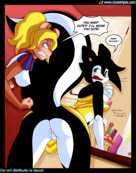 2008 angry anthro arm_markings ass bathroom black_and_white_fur black_hair blonde_hair breasts brown_body brown_eyes cheerleader_outfit clenched_teeth clubstripes colored countershading daria_mcgrain dialogue do_not_distribute english_text exposed_breasts female fist fluffy fluffy_tail genitals gloves_(marking) hair imminent_fight inside jenny_(daria_mcgrain) mammal markings mephitid multicolored_body nipple_slip nipples pink_nose pussy rachael_(daria_mcgrain) rodent scared sciurid skunk squirrel striped_skunk tail tail_markings teeth text tree_squirrel two-tone_body url