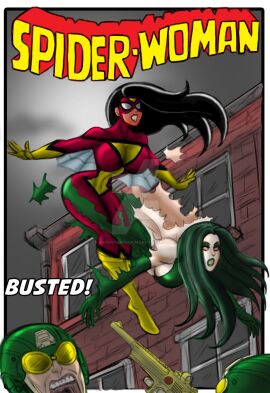 black_hair disguise female gloves green_hair jessica_drew johnnyharadrim madame_hydra marvel marvel_comics mask red_suit skinsuit spider-woman superhero_costume superheroine torn_clothes viper_(marvel)