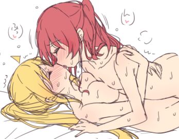 2girls asymmetrical_docking blonde_hair bocchi_the_rock! breasts female female_only flushed flushed_face heart hi_res highres hug ijichi_nijika kissing kita_ikuyo melty_pot multiple_females multiple_girls nude red_hair small_breasts sweat sweatdrop sweating tagme yuri