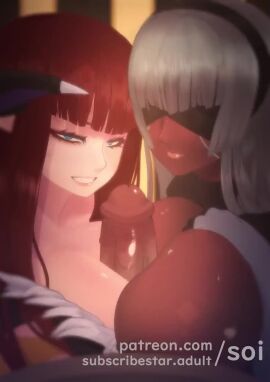 1boy 2girls alternate_version_available animated big_breasts big_penis breasts brigitta_lycaon cosplay cum cum_on_breasts dark-skinned_female dark-skinned_male dark_skin darkstalkers double_paizuri eiselin_hulkenberg fellatio female halloween head_wings huge_breasts huge_cock large_breasts large_penis male metaphor:_refantazio morrigan_aensland_(cosplay) multiple_girls nier nier:_automata nier_(series) paizuri penis red_hair silver_hair skello-on-sale sound straight video yorha_2b_(cosplay)