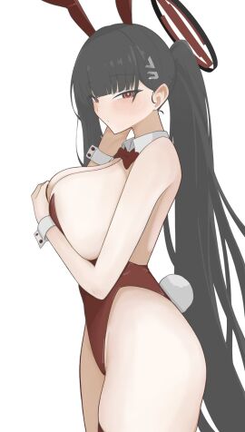 absurdres alternate_costume alternate_hairstyle animal_ears bare_arms black_hair black_halo blue_archive blunt_bangs bow bowtie breasts breasts_squeezed_together closed_mouth commentary cowboy_shot detached_collar fake_animal_ears female halo hand_up highleg highleg_leotard highres huge_breasts legs_together leotard light_frown long_hair looking_at_viewer playboy_bunny ponytail rabbit_tail red_bow red_bowtie red_eyes red_hair red_halo red_leotard red_thighhighs rio_(blue_archive) shadow side_ponytail sideboob sitting solo strapless strapless_leotard sui_c82 tail thighhighs thighs very_long_hair white_background wrist_cuffs