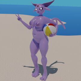 1:1 3d anthro ball_(object) beach beach_ball big_breasts breasts digital_media_(artwork) eeveelution espeon exaltr female generation_2_pokemon genitals huge_breasts looking_at_viewer nintendo pokemon pokemon_(species) pussy simple_background solo tail thick_thighs