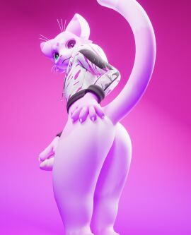 3d_(artwork) absurd_res anthro ass barely_visible_genitalia barely_visible_penis bottomless cheek_tuft claws clothed clothing digital_media_(artwork) domestic_cat facial_tuft felid feline felis felura fur genitals hand_on_butt heterochromia hi_res hoodie hoodie_only humanoid_genitalia humanoid_penis looking_at_viewer looking_back looking_down luramoth male mammal markings mayu_(azuki) nonbinary_(lore) penis pink_background pink_body pink_fur pink_penis raised_tail simple_background smile solo tail tail_markings topwear topwear_only tuft whiskers