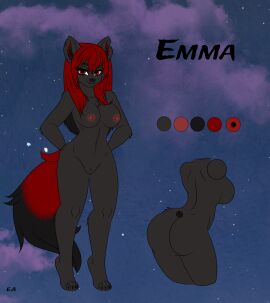 2023 4_toes anthro areola arm_tuft arms_bent ass bangs big_butt biped black_body black_claws black_eyebrows black_fur black_inner_ear_fluff black_nose black_tail breasts canid canine canis character_name cheek_tuft chest_tuft claws cloud collarbone color_swatch digital_drawing_(artwork) digital_media_(artwork) digitigrade elbow_tuft emma_(evilangel_art) english_description english_text evilangel_art eyebrows eyelashes facial_tuft feet female female_anthro flat_colors fluffy fluffy_tail full-length_portrait fur genitals hair hands_behind_back hi_res inner_ear_fluff lidded_eyes long_hair long_tail looking_at_viewer mammal medium_breasts model_sheet multicolored_body multicolored_hair nipples nude nude_anthro nude_female photo_background photography_(artwork) portrait pose red_areola red_eyes red_hair red_nipples red_tail signature smile smiling_at_viewer solo standing tail tasteful_nudity text three-quarter_view toe_claws toes tuft two_tone_hair vulva wolf