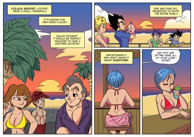 3girls 5boys big_breasts bikini bikini_bottom bikini_top blue_hair breasts bulma_briefs comic comic_page dragon_ball dragon_ball_super dragon_ball_z drinking english english_text female funsexydragonball hat male milf page_2 panchy panchy_(dragon_ball) panchy_briefs part_1 red_bikini sitting son_goten speech_bubble sunset trunks_briefs vegeta yellow_bikini