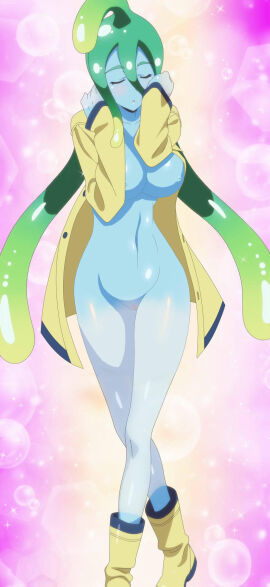1girls big_breasts blue_body blue_skin breasts chrisbryer closed_eyes edit female female_only green_hair monster_musume_no_iru_nichijou naked_footwear nipples okayado pseudo_hair pussy screenshot_edit slime slime_girl solo solo_female suu_(monster_musume) thebrise vagina