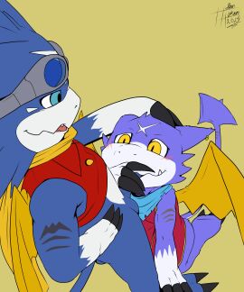 absurd_res anthro balls bandai_namco blue_body blush digimon digimon_(species) duo erection eyewear fellatio genitals goggles gumdramon heibanhikaru hi_res male male/male oral penile penis purple_body scalie scar sex spade_tail tail wings