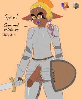 armor balls big_balls big_penis chainmail cum cum_drip dark-skinned_female dark-skinned_futa dark_skin dickgirl erect_penis erection female frye_(splatoon) frye_(team_knight) frye_onaga futa_focus futa_only futanari inkling inkling_futa inkling_girl intersex knight looking_at_viewer nintendo orange_eyes penis shield slogstin speech_bubble splatoon splatoon_3 sword text yellow_hair