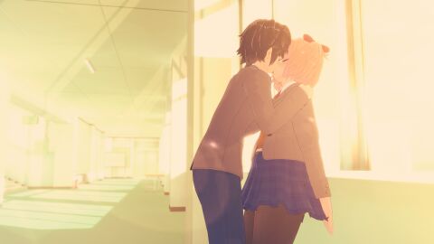 1boy 1girls 3d against_wall childhood_friend chubby chubby_female doki_doki_literature_club female glasses human human_only kissing koikatsu light-skinned_female light-skinned_male light_skin male mc_(doki_doki_literature_club!) pantyhose ring sayori_(doki_doki_literature_club) school_uniform senpien’t skirt straight thick_thighs tights wholesome