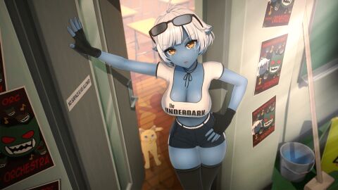 1girls 3d anna_anon black_gloves black_thighhighs blue_skin breasts brown_eyes cat classroom cleavage colored_skin crop_top doorway drow female fingerless_gloves gloves hand_on_own_hip koikatsu large_breasts looking_at_viewer maya_(anna_anon) shorts sunglasses sunglasses_on_head tagme thighhighs white_hair white_shirt