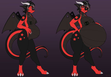 2024 3_toes 5_fingers alternate_species anthro belly belly_expansion bent_arm black_body black_hair black_inner_ear black_nipples black_scales black_wings breast_expansion breast_growth breast_growth_(enlargement) breasts chain_necklace clawed_fingers claws curvy_figure digital_drawing_(artwork) digital_media_(artwork) dragon european_mythology expansion eyelashes fangs feet female fingers flat_colors furgonomics furry-specific_piercing genitals gradient_background grey_eyes grey_hair grey_horn hair half-closed_eyes hand_on_belly hand_on_hip hi_res horn humanoid_pointy_ears inspy_rosewood jewelry long_tail markings medium_hair membrane_(anatomy) membranous_wings multicolored_body multicolored_hair multicolored_scales mythological_creature mythological_scalie mythology narrowed_eyes navel necklace nipple_piercing nipples non-mammal_breasts non-mammal_nipples non-mammal_pussy notched_wings outie_navel piercing pregnancy_expansion pregnancy_progression pregnant pregnant_anthro pregnant_female pupils pussy red_body red_scales scales scalie simple_background slit_pupils solo standing star_(marking) tail tauttum teeth thick_thighs toe_claws toes western_dragon white_claws wing_piercing wings