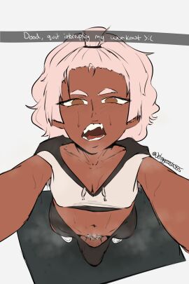 1girls angry annoyed clothing dark-skinned_female exercise female futanari gym intersex jeteggs original original_character pubes pubic_hair self_shot selfie sharp_teeth snapchat solo steam sweat tomboy unfinished workout
