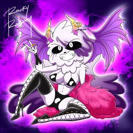 anthro boots breasts canid canine canis cigarette clothing coat domestic_dog evil_look female footwear hi_res horn hypnosis mammal mind_control pj_(rocky_rakoon) poodle rocky_rakoon rocky_rakoon_(artist) smoke solo thick_thighs topwear wings