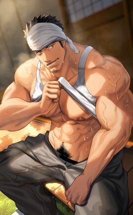 1boy abs backyard bandana bara beard_stubble beefy biceps big_areola big_breasts black_hair blurry breasts brother-in-law clothed clothes_around_waist clothes_lift collarbone daddy dilf erect_nipples excessive_pubic_hair gay grey_underwear hand_on_chest hand_on_leg happy_trail hi_res hunk japanese_room looking_at_viewer male male_only masculine_male mature_male muscles muscular muscular_arms muscular_chest muscular_male navel nipples no_visible_genitalia nullqllun open_legs open_mouth oppai original original_character pecs pubic_hair shadow short_hair sitting six_pack steam steaming_body sweat sweatdrop sweating sweaty tanktop thick_arms thick_neck tough_guy veiny_arms yaoi yellow_eyes