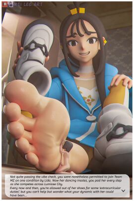1boy 3d barefoot domination female foot_fetish foot_licking foot_worship gameover giantess lida_(pokemon) mei_lee_art nintendo pokemon pokemon_za shoes_removed size_difference smaller_male sneakers