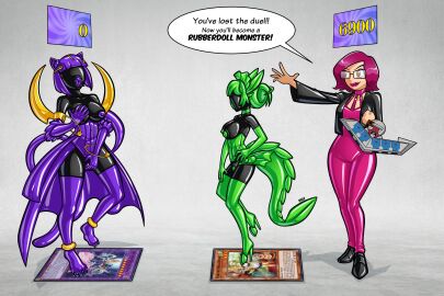 3girls ankle_cuffs anklet black_coat black_latex bracelet bracelets brown_eyes cat_ears cat_girl cat_tail catgirl corset dark_pink_hair dragon_girl duel_disk duel_monster english_text female glasses gold_(metal) gold_armband gold_jewelry green_hair green_latex human jpeg konami latex latex_hair lunalight lunalight_panther_dancer magenta_eyes magenta_hair magenta_latex multiple_females multiple_girls original original_character panther_girl parlor_dragonmaid pink_latex purple_hair purple_latex rubber rubber_doll sex_doll sex_doll_holes sex_doll_transformation tagme text transformation vanessarubberart waist_cape yu-gi-oh!