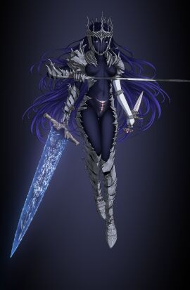 1girls 3_arms armor armored_female belly_markings blue_body blue_eyes blue_hair blue_skin bracelet breasts dagger elden_ring elden_ring_nightreign female floating floating_hair fromsoftware functionally_nude functionally_nude_female genderswap gradient_background helmet heolstor_the_nightlord humanization legs_together long_hair lunele medium_breasts moonlight_greatsword multi_arm multi_limb navel nipples pussy rule_63 sword