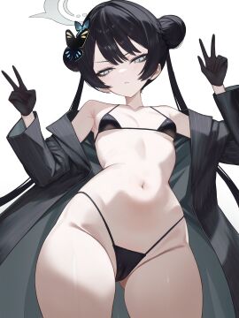 1girls :< absurdres armpit_crease ass_visible_through_thighs bare_shoulders bikini black_bikini black_gloves black_hair blue_archive braid braided_bun breasts butterfly_hair_ornament cameltoe cowboy_shot double_bun double_v female from_below frown furrowed_brow gloves grey_eyes grey_halo hair_bun hair_ornament halo highleg highleg_bikini highres jacket kisaki_(blue_archive) long_hair looking_down micro_bikini navel open_clothes open_jacket pale_skin peace_sign petite pinstripe_pattern pussy simple_background slit_pupils small_breasts solo striped_clothes striped_jacket swimsuit twintails two-sided_fabric two-sided_jacket v v_sign vertical-striped_clothes vertical-striped_jacket vxdrq white_background