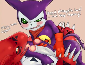 absurd_res annoyed anthro ball_fondling ball_grab ball_squeeze ball_squish balls balls_touching bandai_namco big_balls big_penis black_markings blujie blush breath claws clothing comparing comparing_balls comparing_penis conditional_dnp dialogue digimon digimon_(species) dragon duo erection fangs fondling foreskin fur genitals glans gloves green_eyes guilmon hand_on_balls handwear hi_res humanoid_genitalia humanoid_penis imp impmon lying male male/male markings masturbation mythological_creature mythological_scalie mythology nude nude_anthro on_back open_mouth penis penis_touching purple_body red_body red_clothing red_gloves red_handwear red_scales retracted_foreskin scales scalie sitting sitting_on_another size_difference squish tail teeth text tongue tongue_out vein veiny_penis white_body white_scales yellow_body yellow_fur