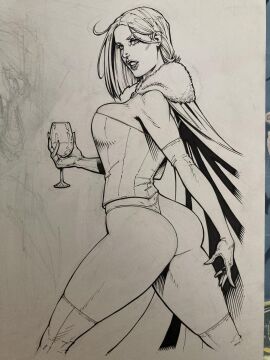 ass black_and_white bubble_ass bubble_butt corset emma_frost female female_only hellfire_club jason_johnson marvel marvel_comics panties thong thong_panties traditional_media traditional_media_(artwork) white_queen x-men