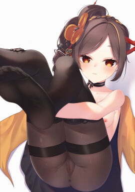 absurdres alkaloid_(alkaloid404) anus ass black_gloves black_pantyhose black_ribbon black_thighhighs blonde_hair breasts brown_hair censored chiori_(genshin_impact) closed_mouth drill_hair drill_ponytail feet female genshin_impact gloves hair_ornament hair_stick haori highres hugging_own_legs invisible_chair japanese_clothes legs_up light_blush long_hair looking_at_viewer medium_breasts mosaic_censoring multicolored_hair neck_ribbon nipples no_panties pantyhose pussy pussy_visible_through_clothes red_eyes ribbon single_glove sitting solo sweatdrop thighhighs thighhighs_over_pantyhose topless white_background