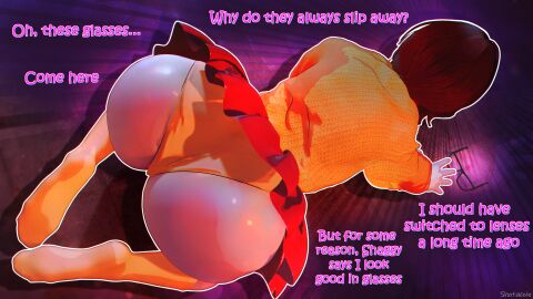 ass ass_focus back brown_hair character_name female long_sleeves scooby-doo shotacoin signature skirt socks text thick_ass underwear velma_dinkley