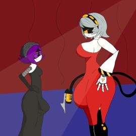 2futas balls big_balls big_bulge big_penis bulge bulge_through_clothing clothed dress erection_under_clothes female futa_only futanari huge_balls huge_bulge huge_cock intersex murder_drones penis red_dress robot robot_futa robot_girl teasing uzi_(murder_drones) v_(murder_drones)