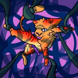 abstract_background absurd_res domestic_cat earfluff erection felid feline felis feral fur genitals hi_res male mammal orange_body orange_fur penile_spines penis purple_penis restrained restrained_arms restrained_by_tentacles restrained_feet restrained_legs restrained_tail smile solo stripes tentacle