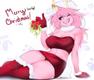 abs belly black_sclera boku_no_hero_academia breasts christmas_outfit cleavage collar fit fit_female fluffy_collar fluffy_tail holic_fz looking_at_viewer mina_ashido mistletoe my_hero_academia panties panty_peek playful post-timeskip sitting teasing_viewer thick_thighs thighs toned toned_female tongue tongue_out tubetop upskirt yellow_eyes yellow_horns