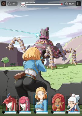 1boy 4girls ass automatic_giraffe belt black_pants blonde_hair blue_lips blue_shirt braid breasts breath_of_the_wild brown_belt cloud colored_skin commentary dark-skinned_female dark_skin day english_commentary feathers female fish_boy fish_girl from_behind gameplay_mechanics gerudo goddess_of_victory:_nikke grass grey_hair grin guardian_(zelda) gun hair_ornament hair_stick hairclip heads-up_display highres holding holding_gun holding_weapon long_hair male medium_breasts mipha multiple_females multiple_girls outdoors pants parody paya_(the_legend_of_zelda) pointy_ears pouch princess_zelda red_hair red_skin shirt short_hair sidon sidon_(zelda) smile solo_focus tears_of_the_kingdom teeth the_legend_of_zelda urbosa weapon white_hair zelda_(tears_of_the_kingdom) zora