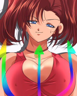 1girls bakusou_kyoudai_let's_and_go big_breasts blue_eyes breasts brown_hair busty cleavage covered_erect_nipples female female_only hair_ribbon half-closed_eyes highres jewelry large_breasts legs looking_at_viewer naughty_face necklace oogami_marina ribbon seductive seductive_look seductive_smile sensual smile solo tank_top twintails voluptuous yurugamer39_(ri~hu)