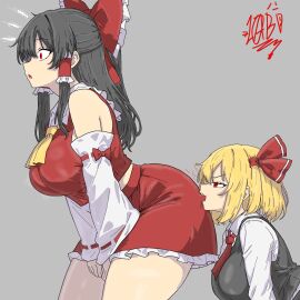 2d 2girls artist_signature ascot ass bent_forward bent_over big_breasts biting biting_ass black_hair blonde_hair breasts clothed detached_sleeves drawlab33t female female_only frilled_skirt gray_background grey_background hair_tubes hairbow hakurei_reimu hands_on_knees long_hair looking_to_the_side open_mouth ponytail red_eyes reimu_hakurei rumia short_hair shrine_maiden skirt solid_color_background source surprised thick_thighs thighs tied_hair touhou vest youkai