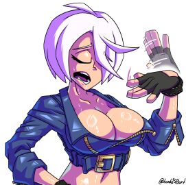 absurd_res ahoge airing_out angel_(kof) big_breasts bonk150 boob_squish breasts cleavage closed_eyes collarbone cropped cropped_jacket eyebrows_visible_through_hair female fingerless_gloves gold_buckle hair_over_one_eye hi_res king_of_fighters large_breasts leather leather_clothing leather_jacket light_skin midriff open_mouth short_hair sleeves_folded_up snk squish stretched_clothing sweat sweating sweaty sweaty_body sweaty_breasts tight_clothing white_background white_hair