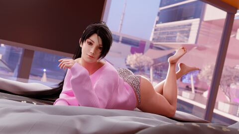 1girls 3d 3d_(artwork) 3d_model 3d_render animal_print_clothing asian asian_female ass ass_focus black_hair brown_eyes dead_or_alive feet_up female hairband highres laying laying_on_bed long_hair looking_at_viewer momiji_(ninja_gaiden) morning ninja_gaiden on_bed panties pink_sweater ponytail round_ass runevv sweater