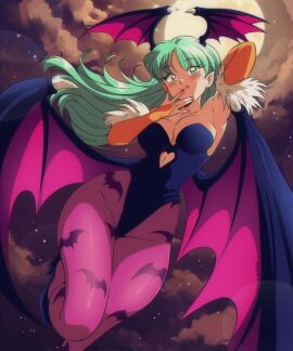 1girls 2024 5:6 :q arm_behind_head armwear bat_print big_breasts blush breasts capcom cleavage darkstalkers demon female female_only green_eyes green_hair head_wings heart hi_res leotard long_hair looking_at_viewer morrigan_aensland pantyhose purple_pantyhose retro_artstyle smiling smiling_at_viewer solo succubus succubus_wings vizaz wide_hips wings