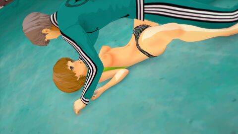 1boy 1girls anime_style averting_eyes big_breasts boobs_out breasts chie_satonaka closed_mouth female goldengoosestudios gym koikatsu koikatsu_(medium) male megami_tensei megami_tensei_persona missionary_position naked ontop panties persona persona_4 pov satonaka_chie self_upload shirt_lift short_hair surprised voyeur young