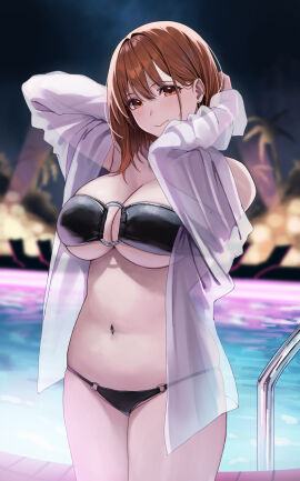 1girls absurd_res arms_up big_breasts bikini black_bikini blurry blurry_background blush breasts brown_eyes brown_hair closed_mouth cowboy_shot earrings female hi_res jewelry long_sleeves looking_at_viewer medium_hair mole mole_under_eye navel night o-ring o-ring_bikini ol-chan_(udon) original pool see-through_clothes smile solo stomach swimsuit thighs udon_(udonalium) underboob water