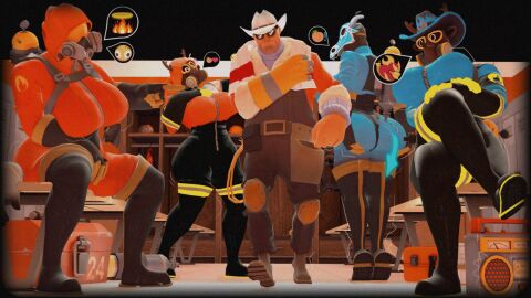 1boy 2020s 2024 3d 3d_(artwork) 4girls ass big_ass big_breasts big_butt bodysuit breasts coda_(codansfw) codansfw cowboy_hat engineer_(team_fortress_2) female female_focus fempyro fully_clothed gas_mask goes_hard hi_res highres hips large_ass large_breasts large_butt latex latex_suit legs_crossed male multiple_females multiple_girls sitting sunglasses team_fortress_2 valve wide_hips