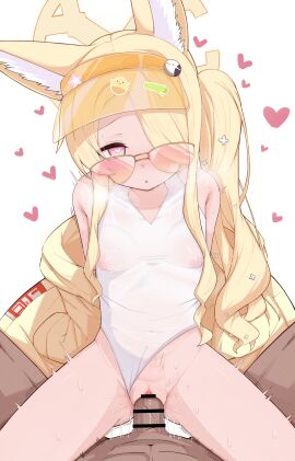 1boy above-cleavage_cutout absurdres animal_ear_fluff animal_ears bar_censor blue_archive blush breasts censored clothed_sex clothing_aside clothing_cutout commentary_request covered_nipples cowboy_shot cross_halo dark-skinned_male diamond_cutout female fox_ears fox_girl hair_over_one_eye halo heart heart-shaped_pupils highleg highleg_one-piece_swimsuit highres interracial jacket looking_at_viewer male nipples official_alternate_hairstyle one-piece_swimsuit one_eye_covered orange-tinted_eyewear pale-skinned_female parted_lips penis pov pov_crotch pussy see-through_clothes see-through_one-piece_swimsuit seia_(blue_archive) seia_(swimsuit)_(blue_archive) sex side_ponytail simple_background small_breasts solo_focus straight sugarplus sunglasses swimsuit swimsuit_aside symbol-shaped_pupils tinted_eyewear vaginal_penetration visor_cap wet wet_clothes white_background white_one-piece_swimsuit yellow_halo yellow_jacket yellow_visor