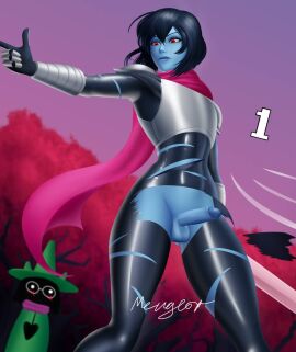 armor artist_request battle_damage black_hair blue_body blue_skin deltarune femboy kris_(deltarune) leotard male male_only meugeor ralsei ripped_clothing ripped_pants twink undertale_(series)