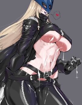 abs absurdres beelstarmon belt black_coat black_gloves black_pants black_vest blonde_hair blue_mask blush breasts coat commentary_request cowboy_shot cropped_vest cum cum_on_body cum_on_hands digimon digimon_(creature) eye_mask female glint gloves grey_background gun heart highres holding holding_gun holding_weapon large_breasts leather leather_pants lipstick long_hair looking_at_viewer makeup mask multiple-barrel_gun navel open_clothes open_coat pants parted_lips purple_eyes purple_lips sidelocks signature simple_background skull_print solo spoken_heart standing stomach third_eye tight_clothes tight_pants underboob uya_(yurukah) variant_set vest weapon zipper