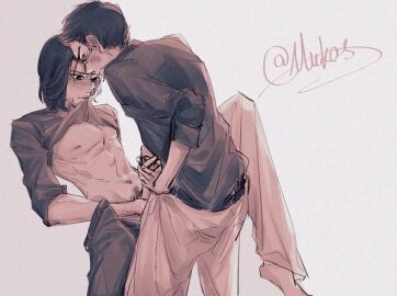 2boys abdomen blush gay kiryu_kazuma long_hair looking_at_another male male_only midriff nipples nishikiyama_akira partially_clothed ryuu_ga_gotoku shirt_in_mouth short_hair suit yakuza_(series) yaoi