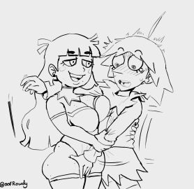 2girls arm_behind_head big_breasts blush breasts cleavage female fingering fingering_partner fingering_through_clothes freckles freckles_on_breast freckles_on_breasts freckles_on_face freckles_on_legs grabbing_arm grabbing_waist guiding_hand harriet_prime_(thesupervillainspjs) holding_partner ingrid_(oofrowdy) oofrowdy open_mouth sweat sweating sweating_profusely tagme thesupervillainspjs witch witches yuri