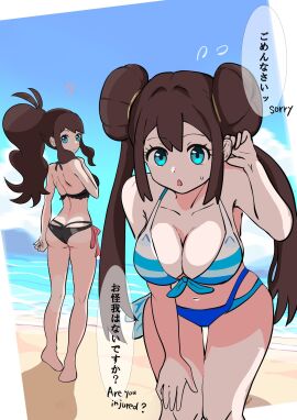 2girls ? beach bikini black_bikini blue_eyes breasts brown_hair creatures_(company) curvy day double_bun emotionless emotionless_female female game_freak hair_bun highres hilda_(pokemon) indifference indifferent leotard long_hair looking_at_viewer mukuhookusuki multiple_females multiple_girls navel nintendo ocean open_mouth pokemon pokemon_bw pokemon_bw2 ponytail rosa_(pokemon) speech_bubble swimsuit thong thong_leotard twintails unamused uncaring wide_hips