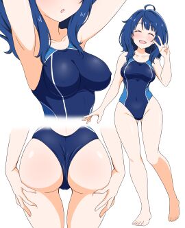 ahoge armpits arms_up ass ass_visible_through_thighs bare_arms bare_legs bare_shoulders bare_thighs barefoot belly_button_visible_through_clothing big_breasts blue_hair blush body_blush breasts closed_eyes collarbone feet female groin hands_on_own_thighs long_hair make_heroine_ga_oo_sugiru! nipples_visible_through_clothing one-piece_swimsuit open_mouth peace_sign shiny_skin smile swimsuit thighs thong_bikini_bottom toes usazirou539 yanami_anna