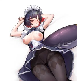 1girls angry arms_behind_head big_breasts black_hair breastless_clothes breastless_clothing breasts colored_inner_hair ellen_joe female fish_tail from_below int_cc laying_on_back laying_on_bed looking_at_viewer maid maid_headdress maid_uniform mole mole_under_eye pantyhose red_eyes shark_girl shark_tail solo solo_female thick_thighs topless_dress two-tone_hair visible_nipples white_background zenless_zone_zero