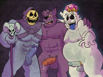 3boys abs anthro arms_around_shoulders balls belly bernard_(ok_k.o.!_lbh) blue_body blue_tongue boo_(mario) canid canine canis cartoon_network cock_ring crossover crown cum cumdrip erection fat fat_belly fat_male fur furry furry_male gay genitals ghost holding_staff humanoid humanoid_male king king_boo knot looking_at_viewer luigi's_mansion male male/male male_nipples male_only mammal mario_(series) masters_of_the_universe mature mature_male multiple_boys multiple_males muscles muscular muscular_anthro muscular_male nintendo nipples nude nude_male obese obese_male ok_k.o.!_let's_be_heroes open_mouth overweight overweight_male penis purple_fur royalty sinfultoonman skeletor tongue tongue_out werewolf white_body wolf
